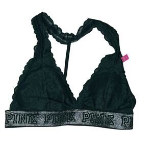 Victorias Secret PINK Small Lace Bralette Halter Bra Glitter Logo Dark Green NEW